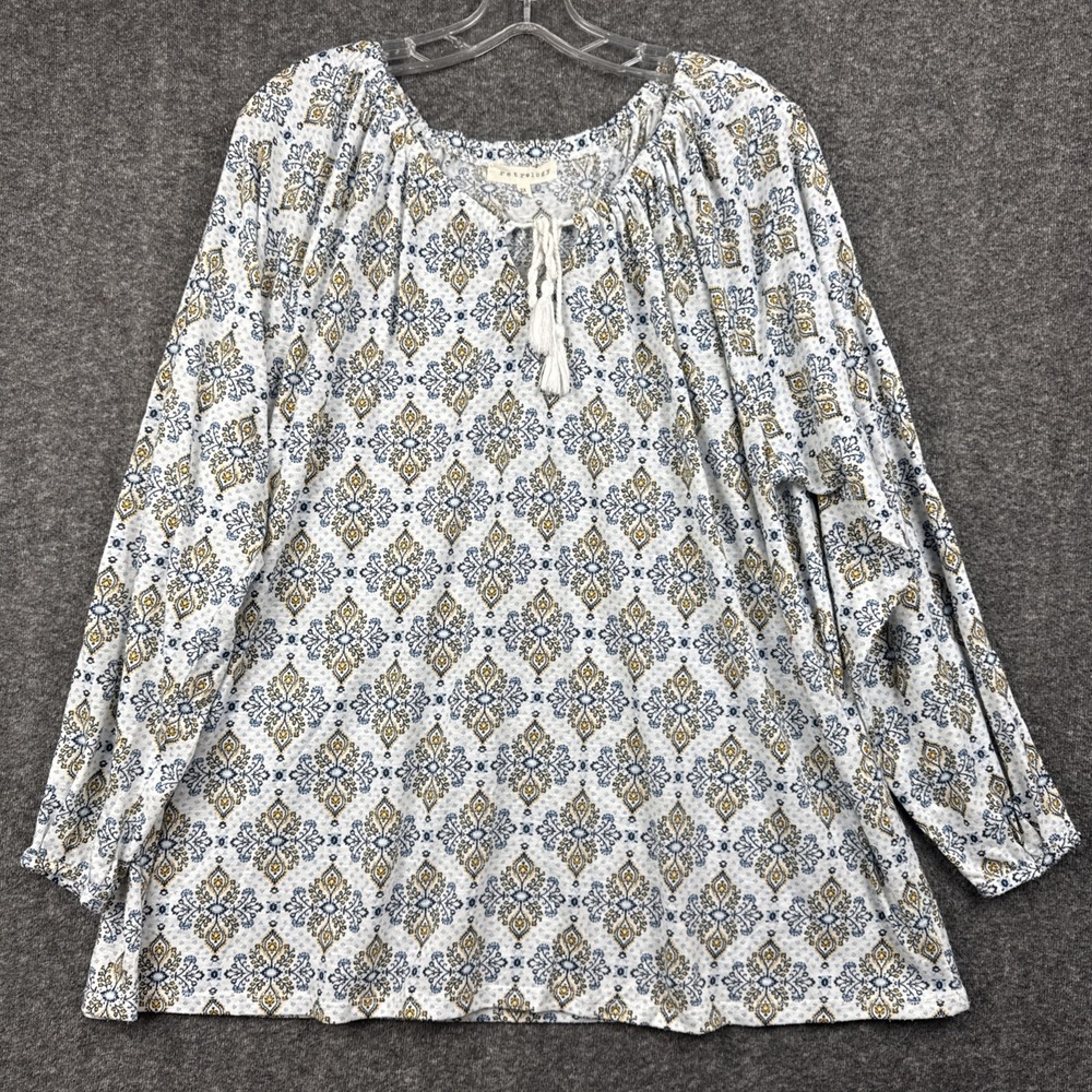 Retrology Women's 2X Off Shoulder Top Blue‎ White Boho Print Tassel Tie Blouse